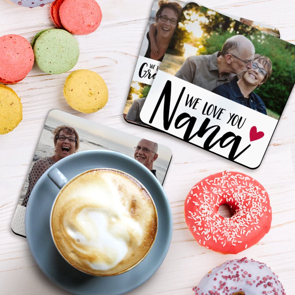 three coasters for grandmas with latte and pastries