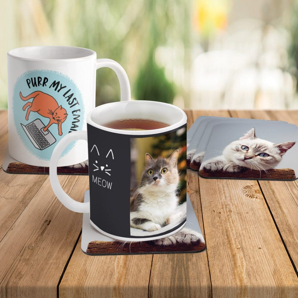 two mugs on a table on coasters
