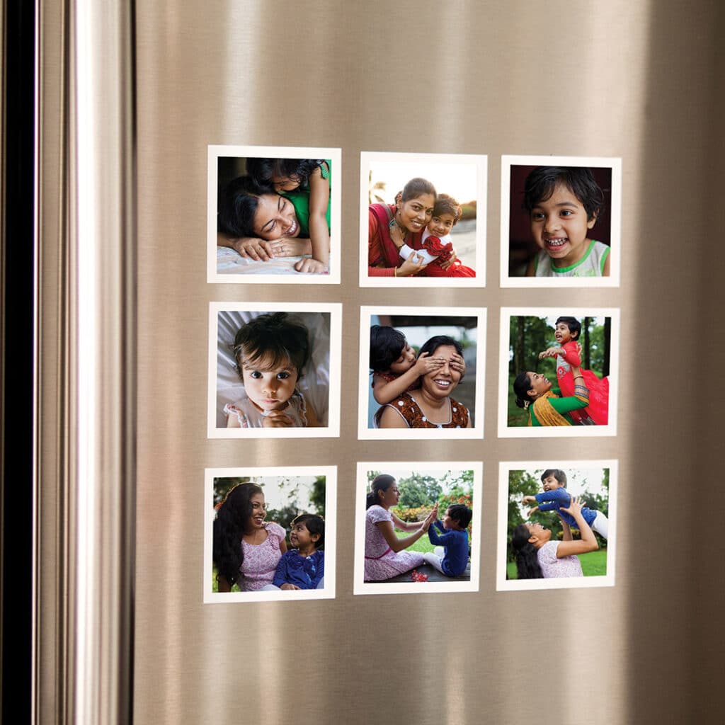 mini photo magnets on fridge