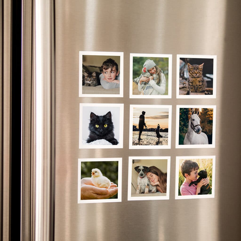 9 square photo magnets on a fridge door