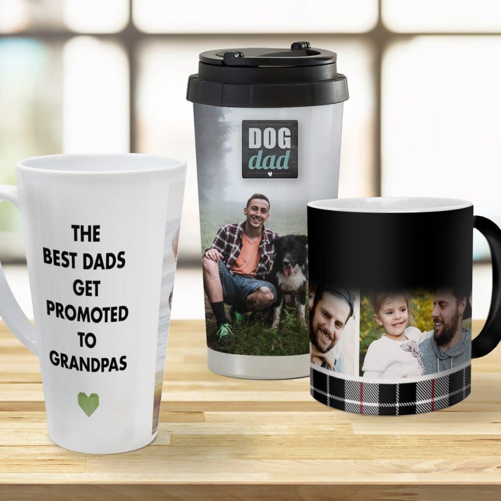 Travel mug, magic mug and latte mug showing dad imagery