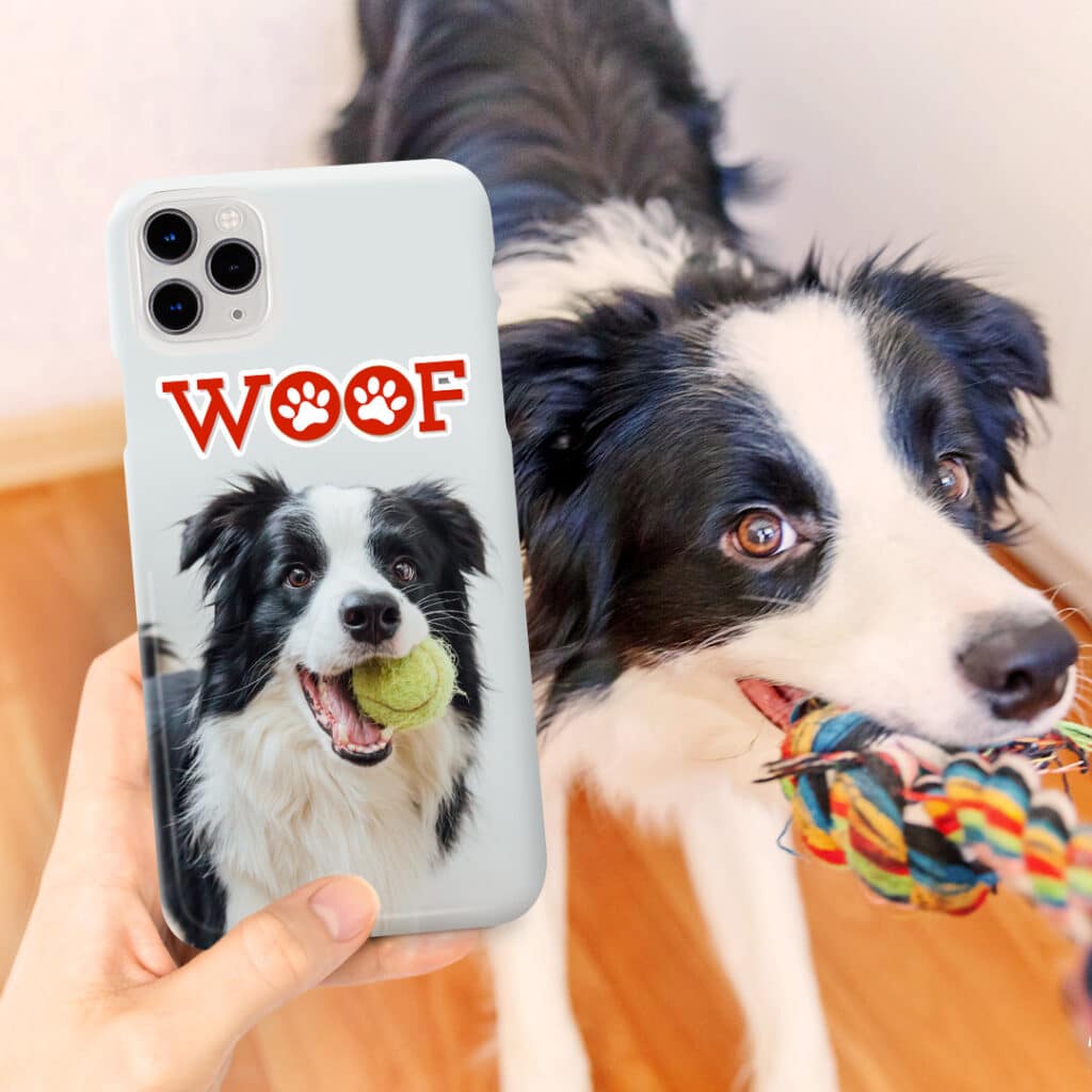 phone case featuring a dog held in front of the same dog