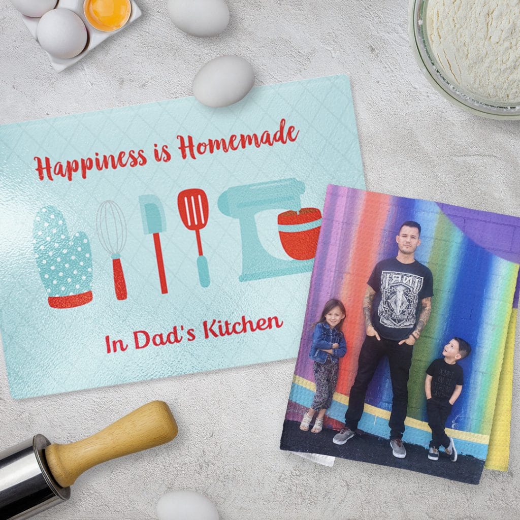 Chopping board and tea towel displayed in a kitchen