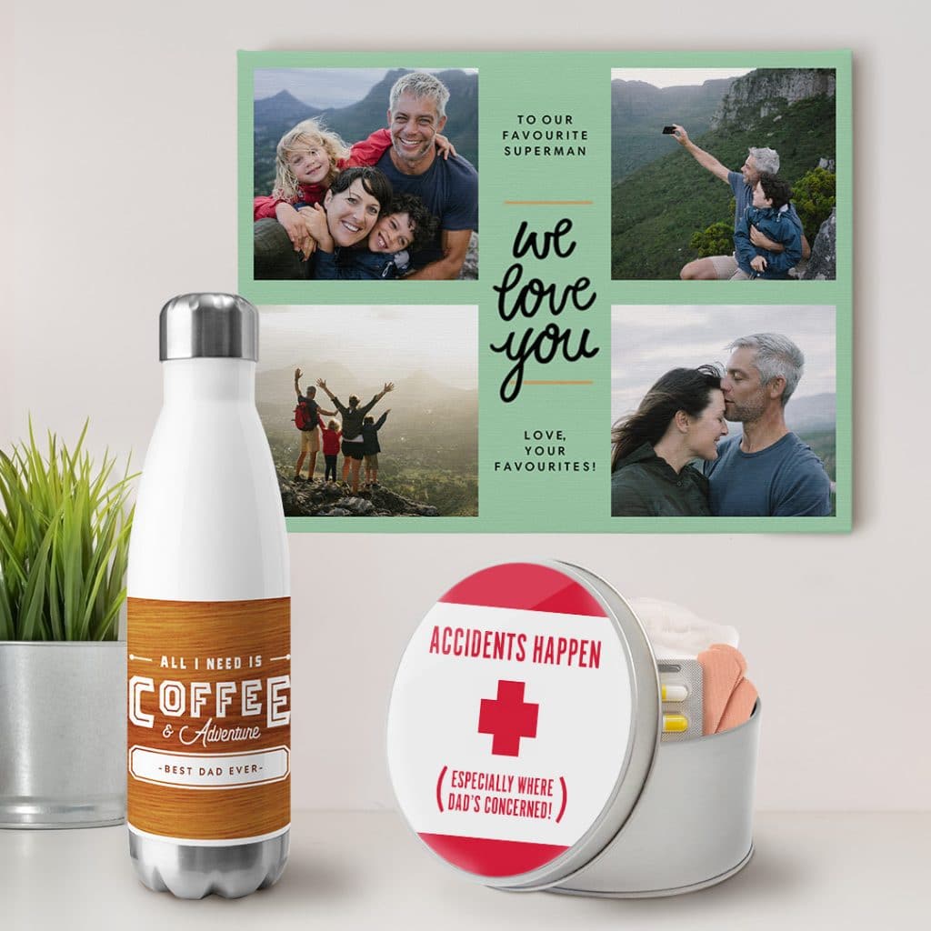 Photo gifts for adventurous Dads, featuring a collage canvas, round tin and water bottle