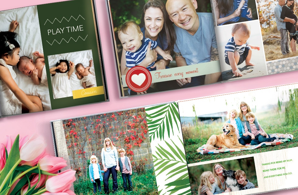3 open photo books with Mother's Day designs