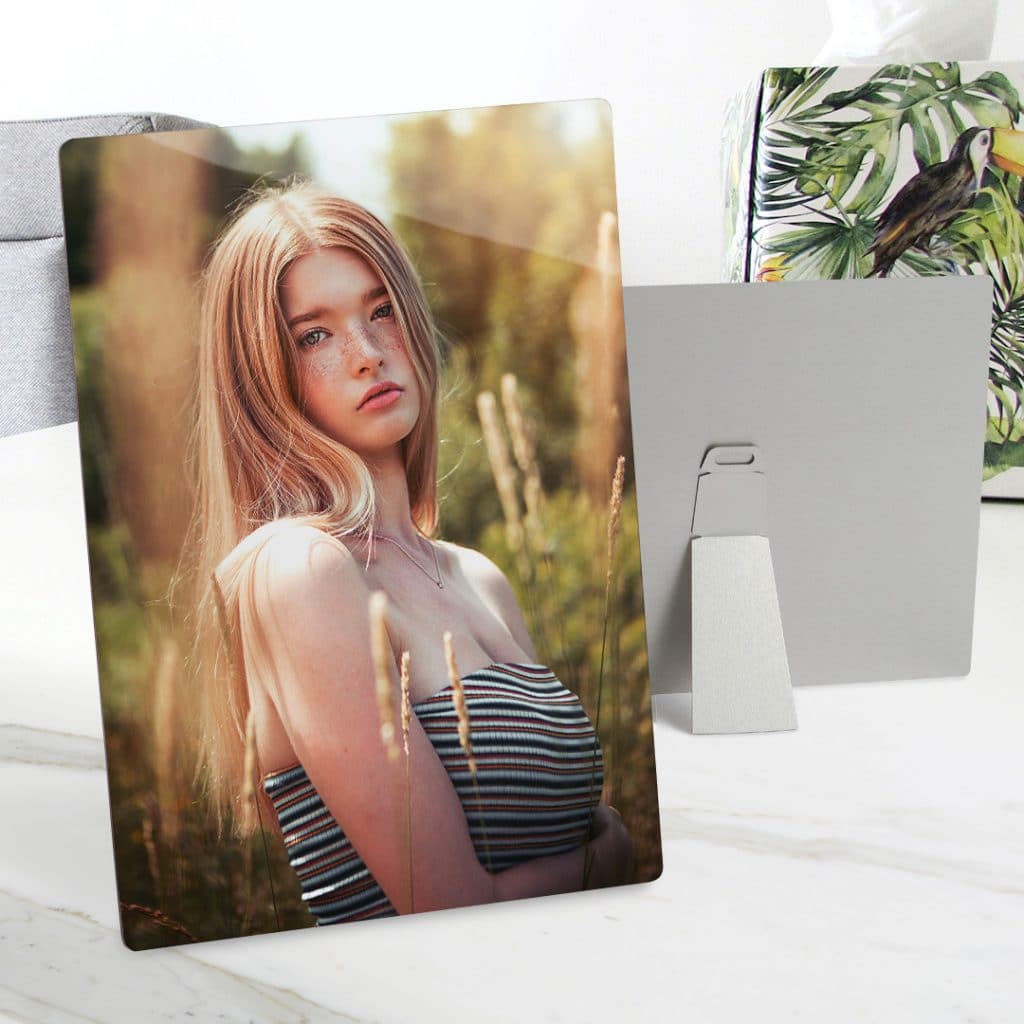 Metal photo prints are modern, frameless tabletop prints