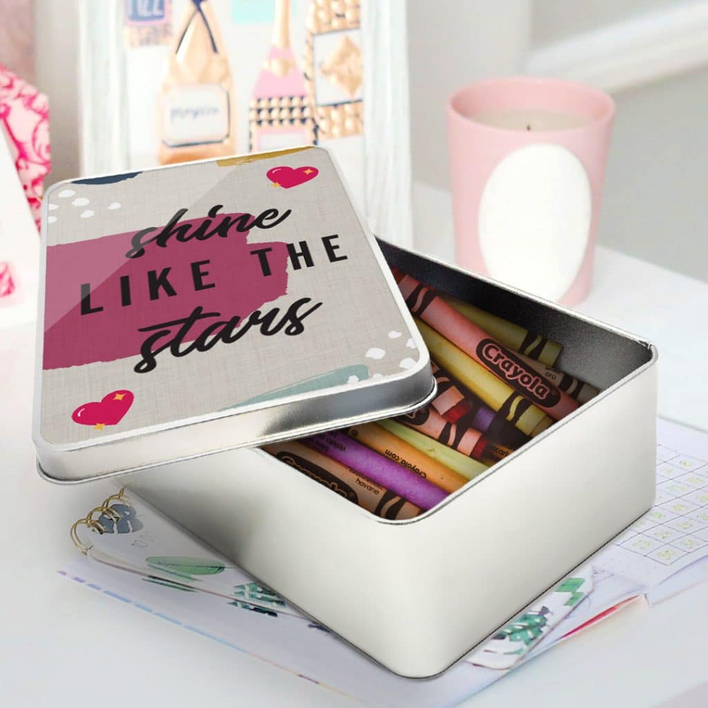 customised metal photo tin filled with crayons
