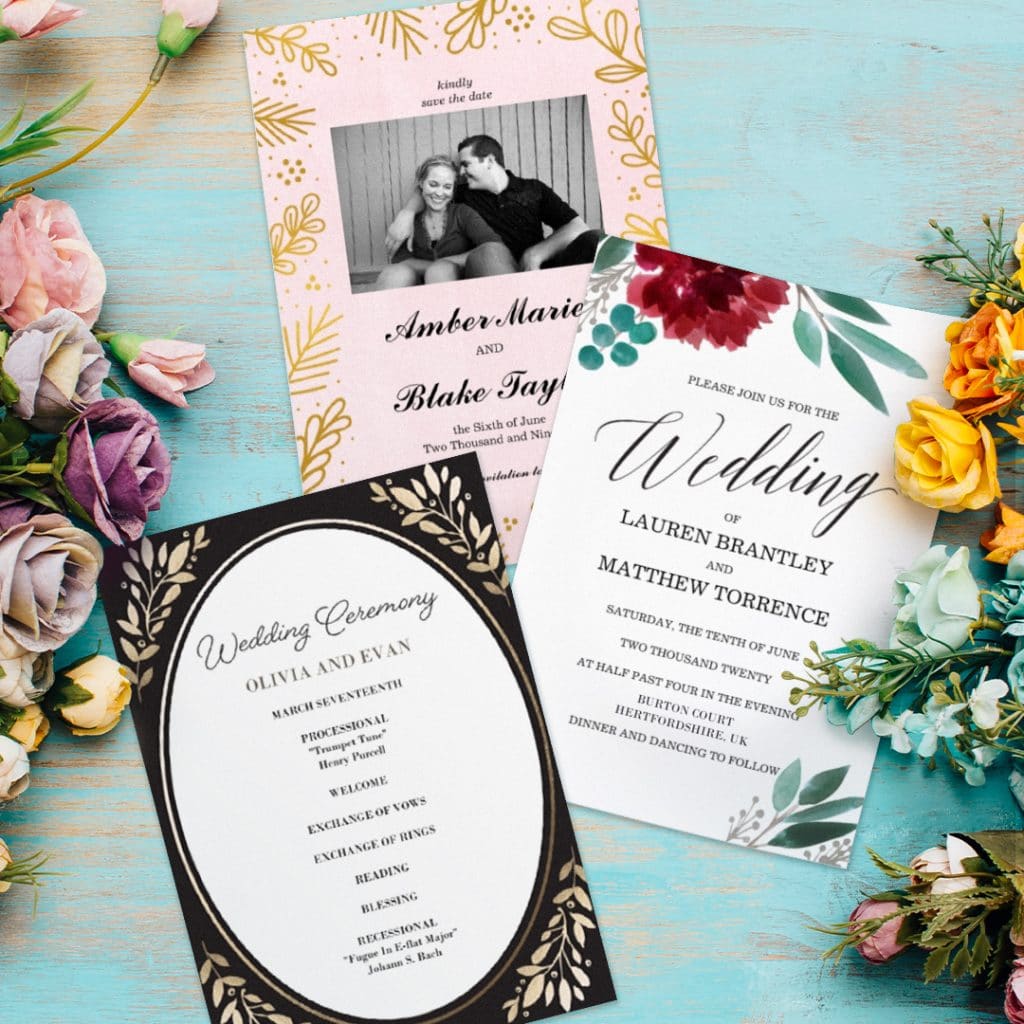 three wedding invites with flowers
