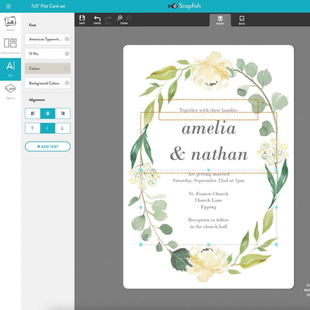 Screenshot of our builder showing how to personalise your Bountiful Garland Wedding Invitations