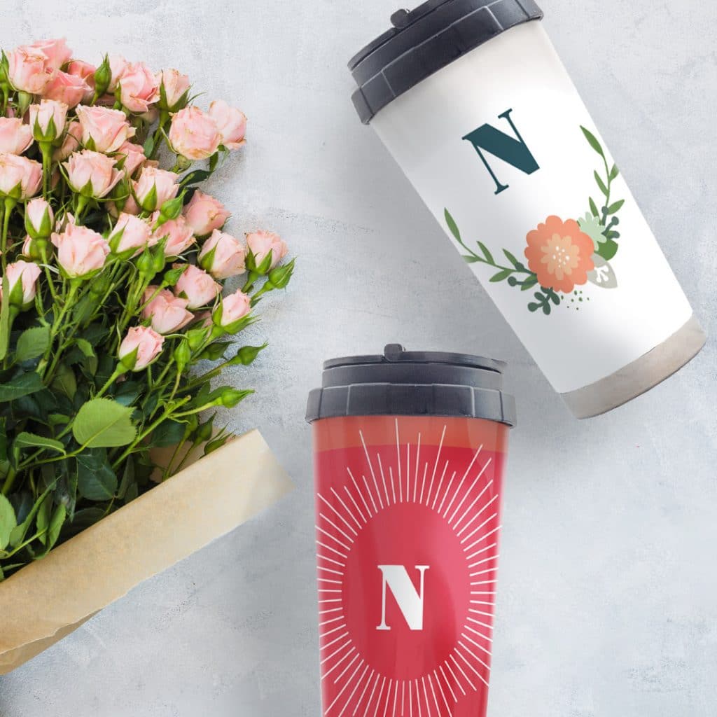 Monogram burst and Floral monogram travel mug designs
