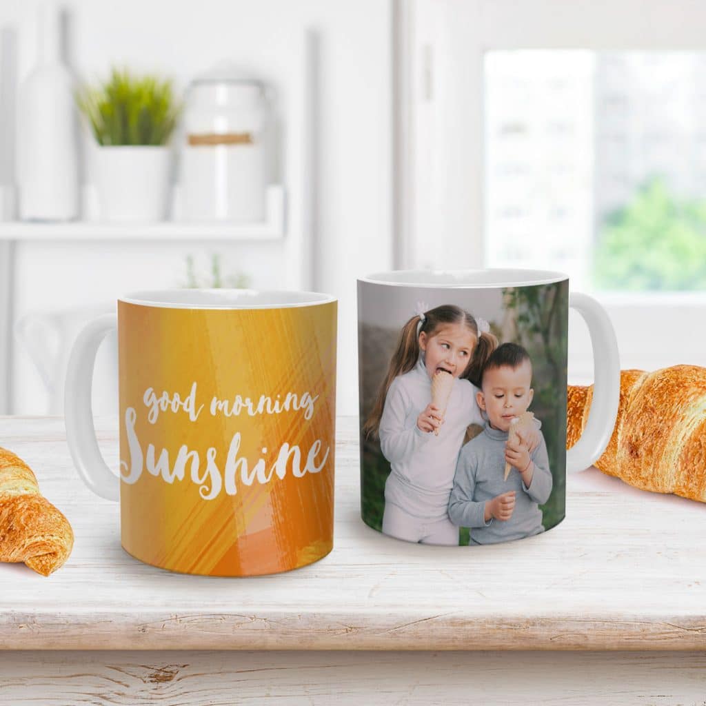 Personalised mugs sitting on a counter. Add easter eggs for instant Easter presents!