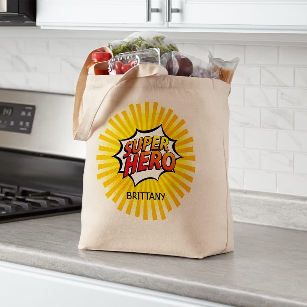Canvas tote bag that says "Super Hero"