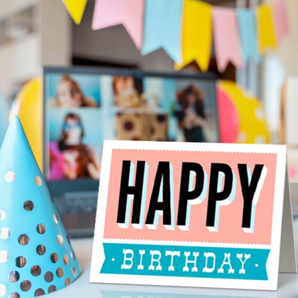 Retro Birthday Card folded greeting card standing up next to a party hat