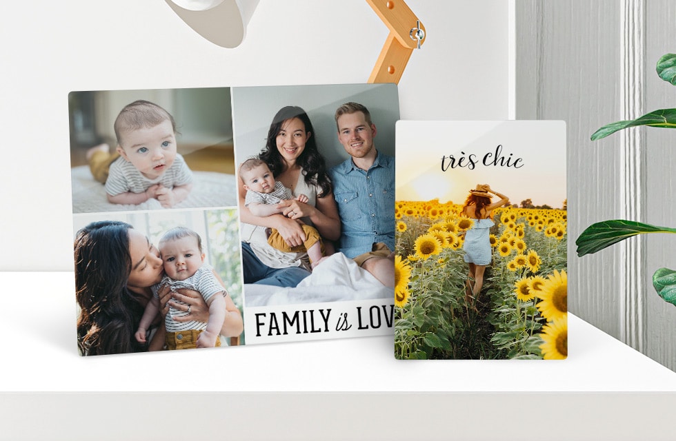 Metal photo prints showing collage picture layouts with text