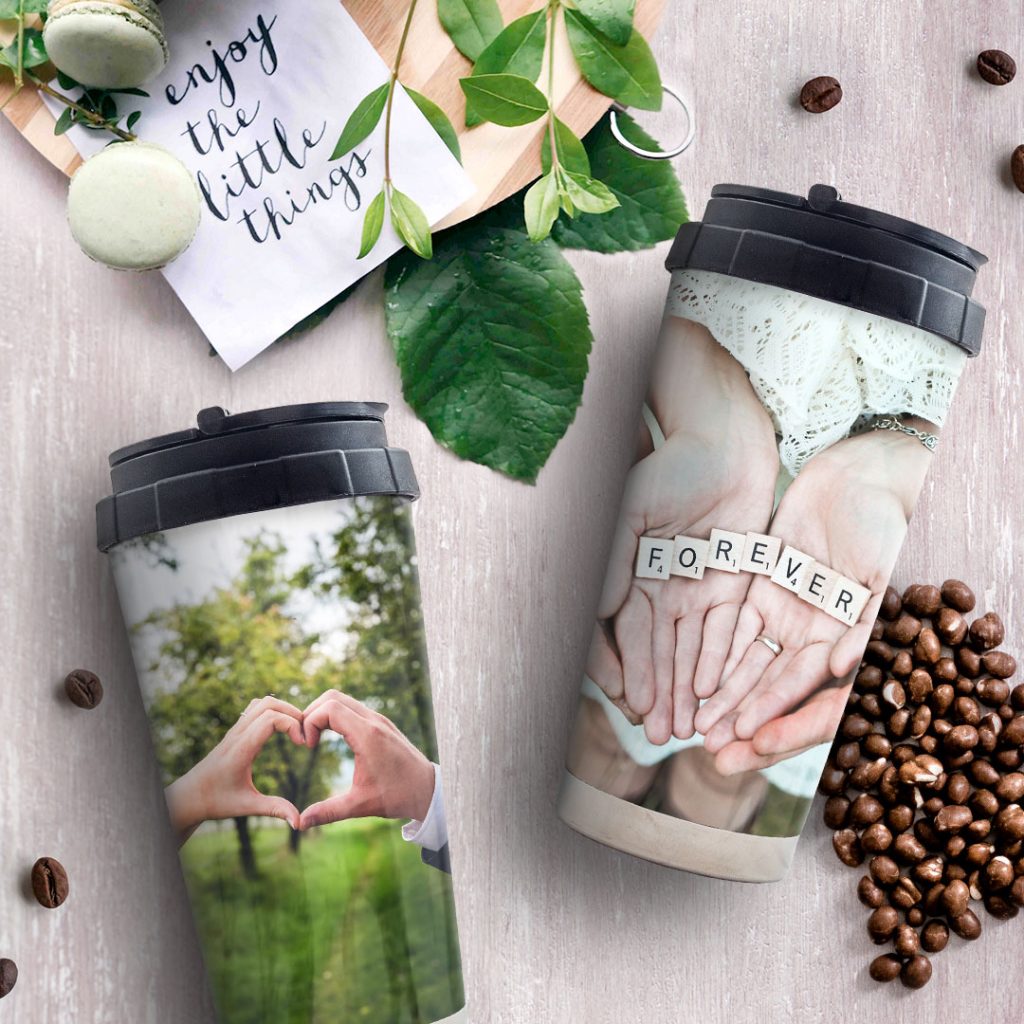 Customised travel mugs printed with photos and text