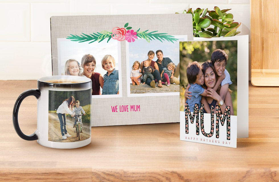 card, wood panel, and magic mug on countertop