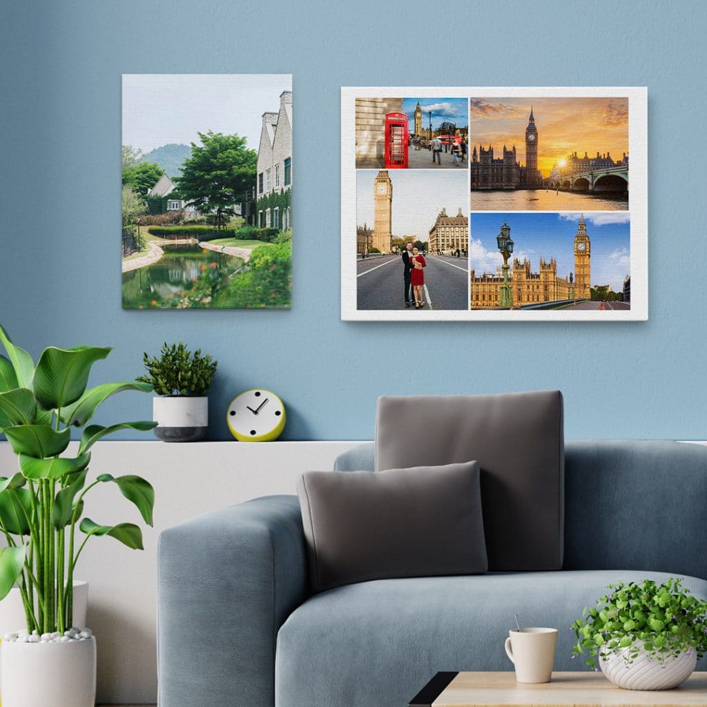 two canvases in living room showing local landmarks