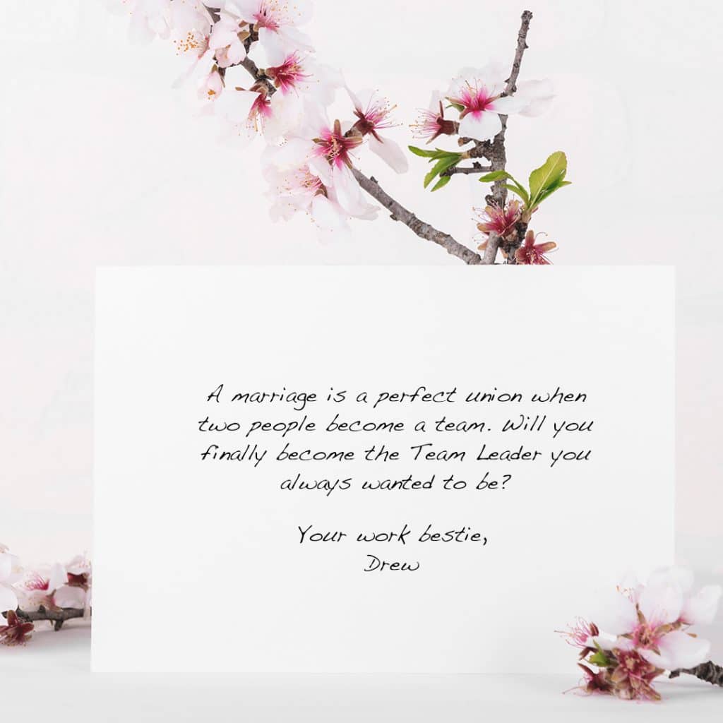 wedding card wording for a co-worker propped up on cherry blossoms