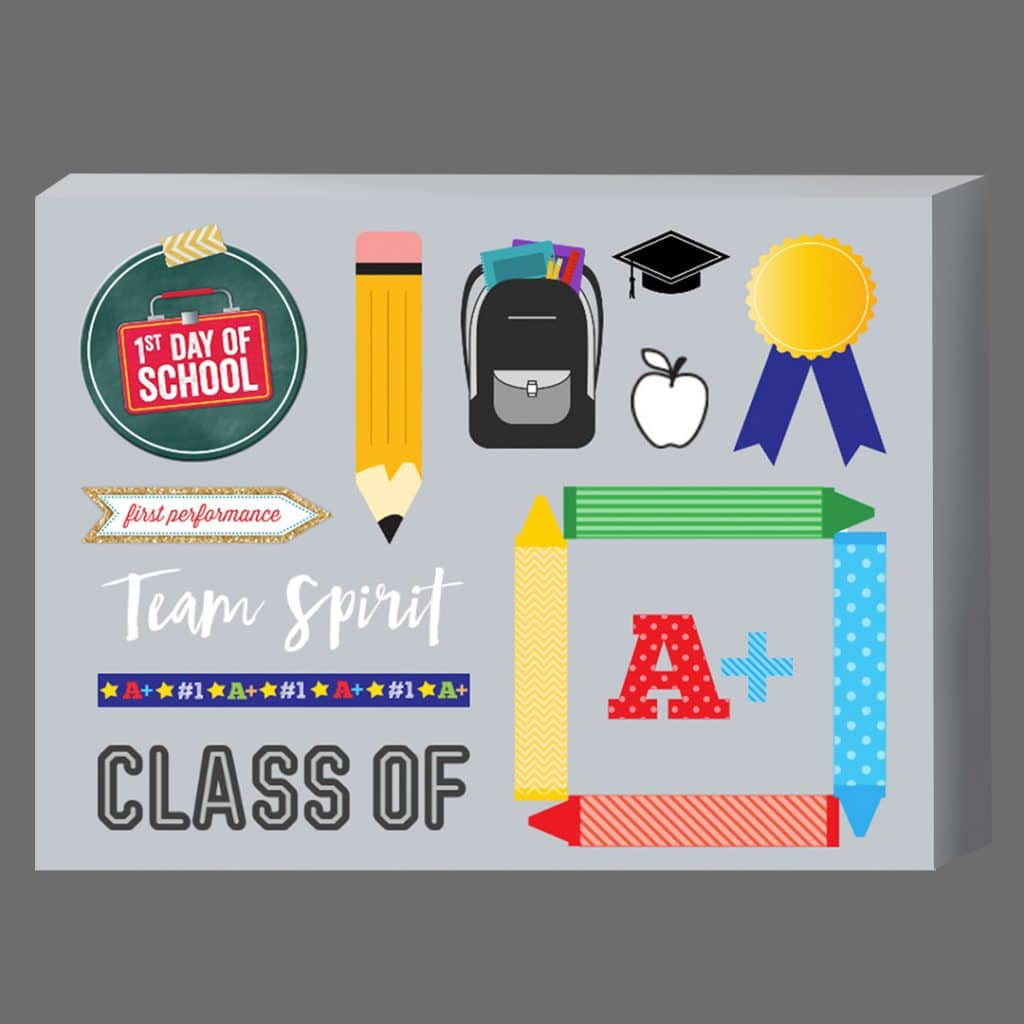 A selection of school-themed embellishments 