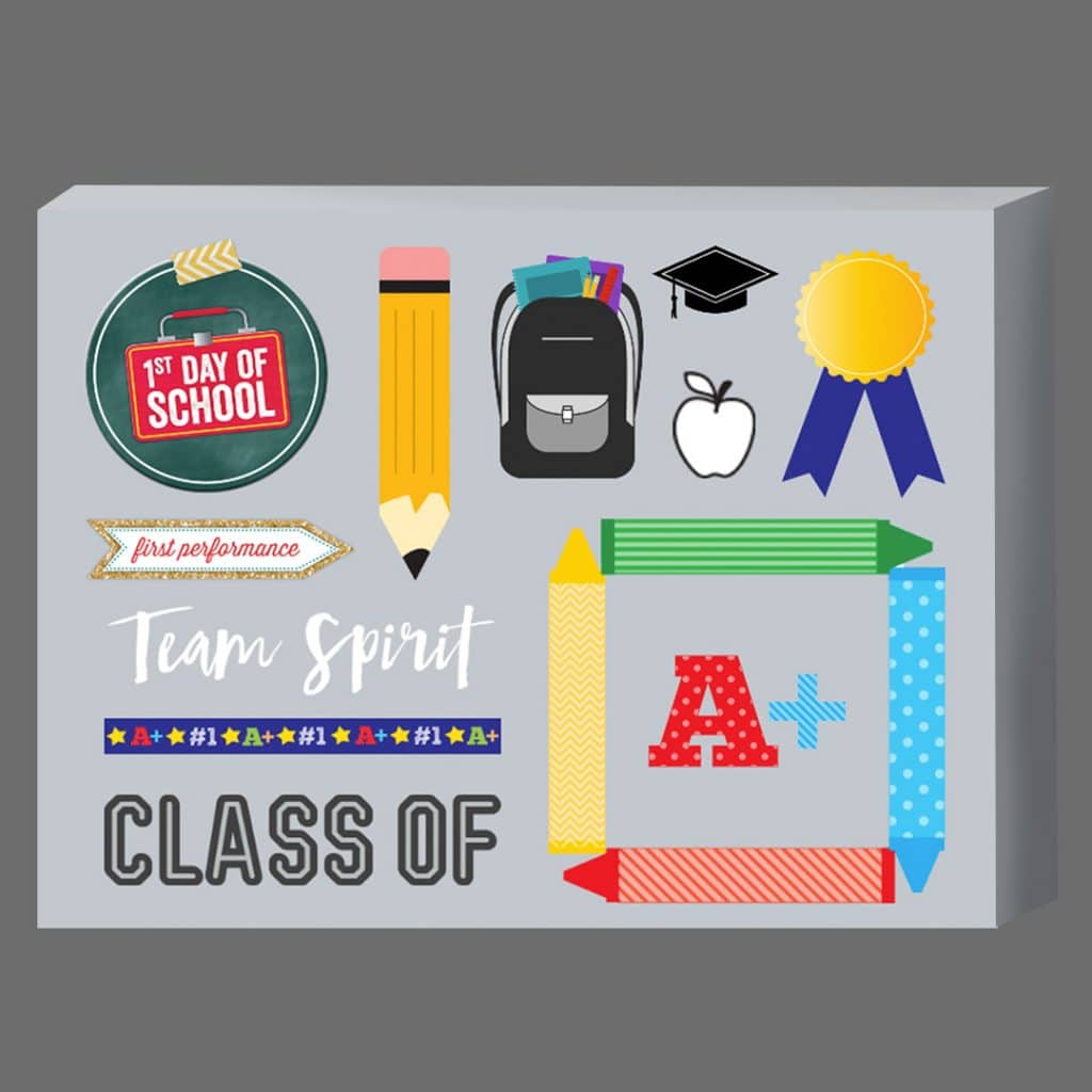 A selection of school-themed embellishments