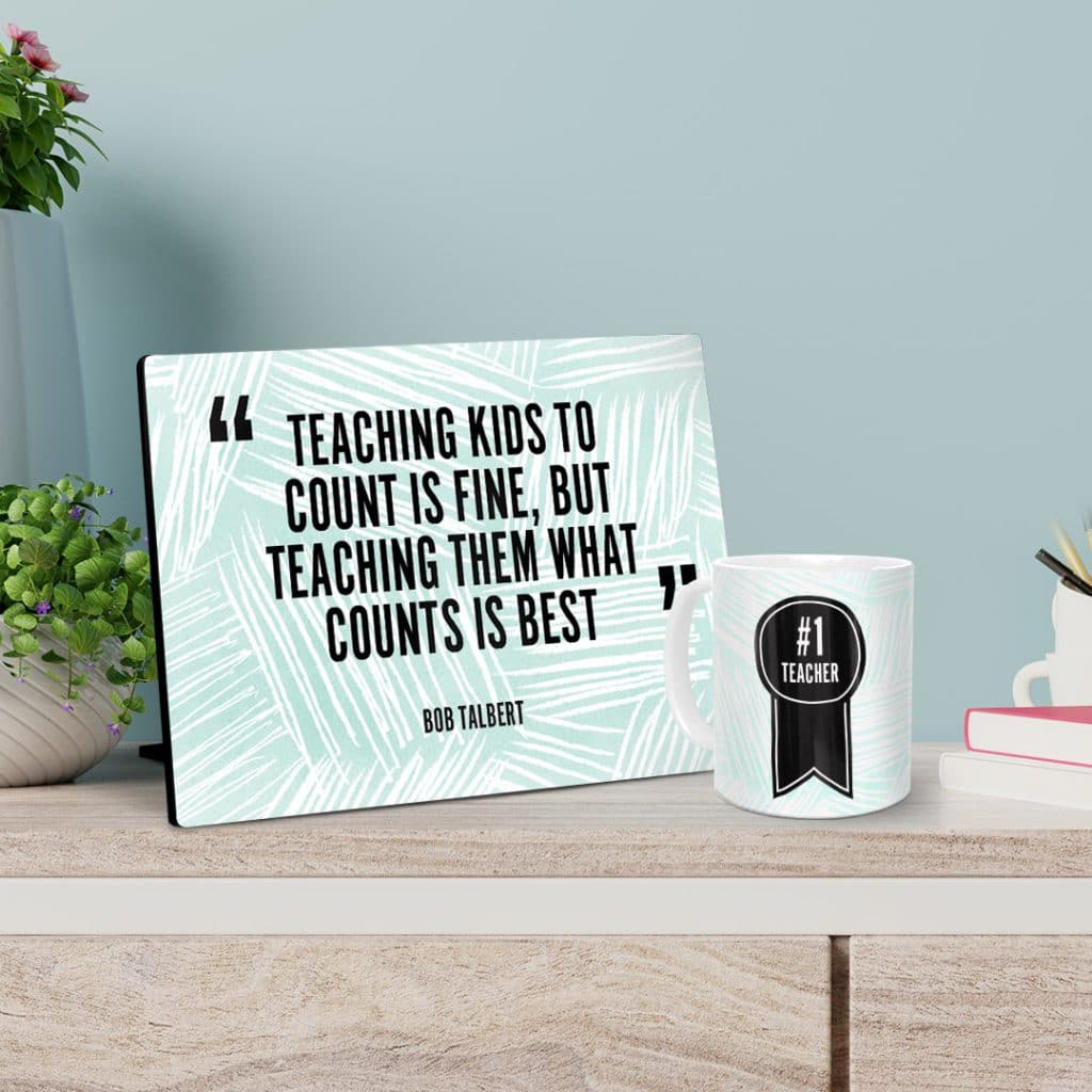 A wooden photo panel and a mug, both personalised with a matching teacher design