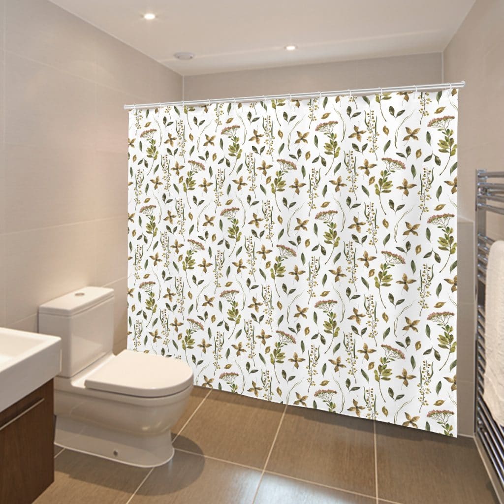 Vintage Greenery shower curtain hanging in a bathroom