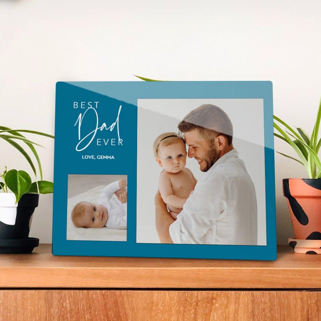 Print a favourite picture on metal print to sit on the tabletop or desk