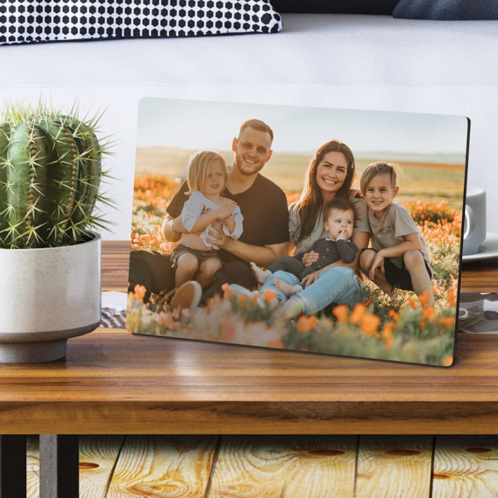 Father's Day wooden photo panel on coffee table as gift idea