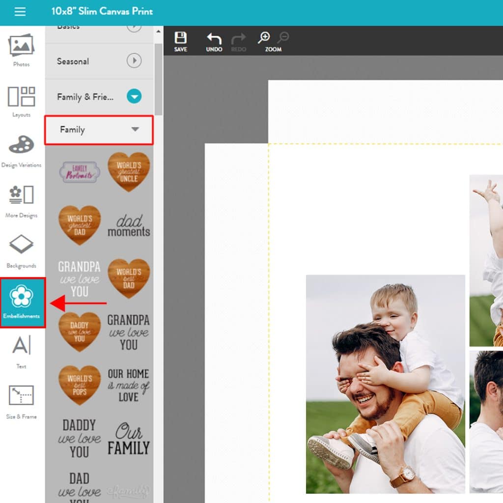 Find Father’s Day embellishments under special occasions in Snapfish builder menu