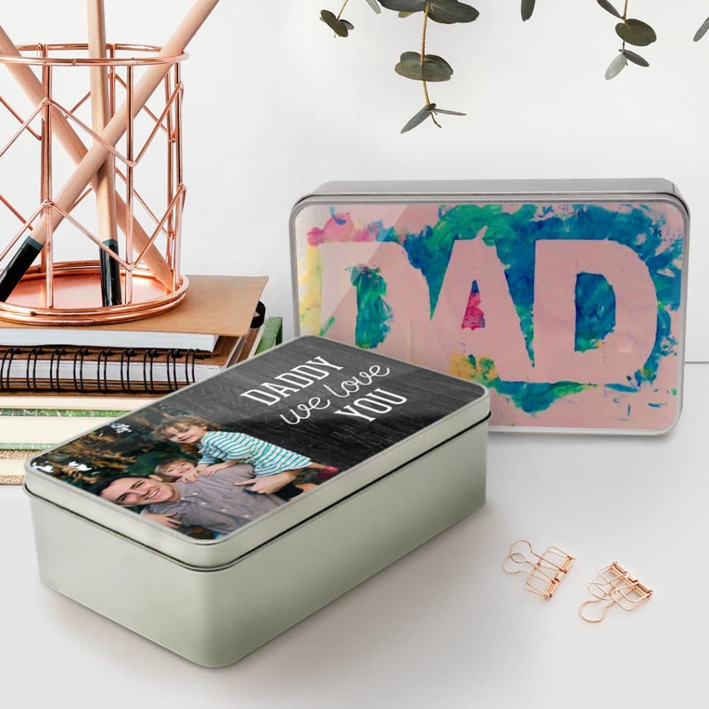 tin boxes with fingerprint art and a Father's Day message to daddy