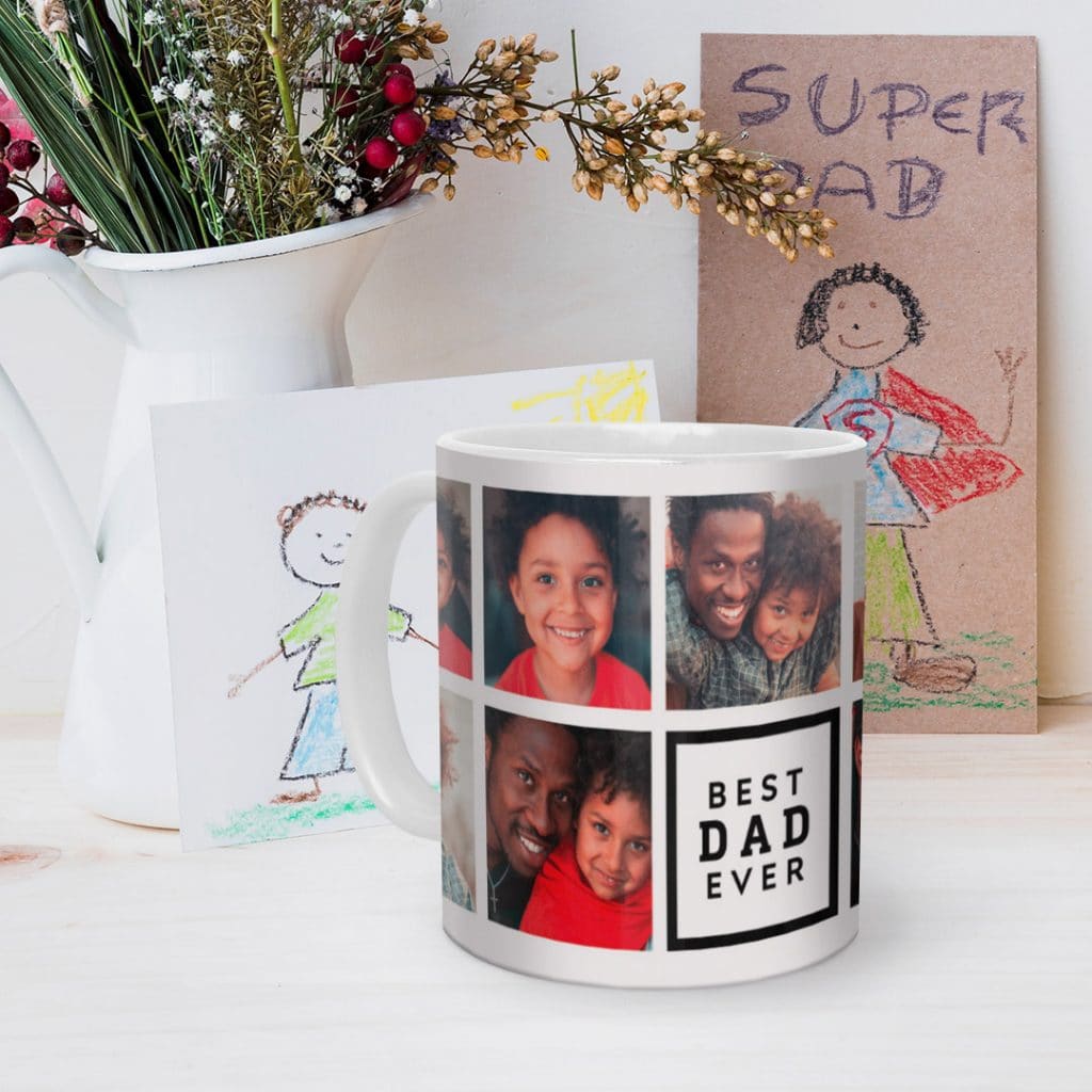 'Best Dad Ever' collage photo mug and kids art Father's Day cards on a table