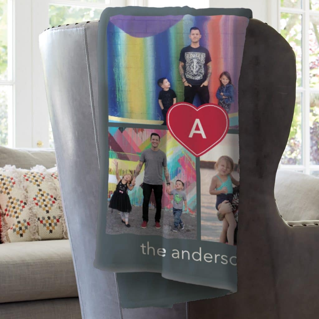 Photo blanket gift for Dad, draped over chair