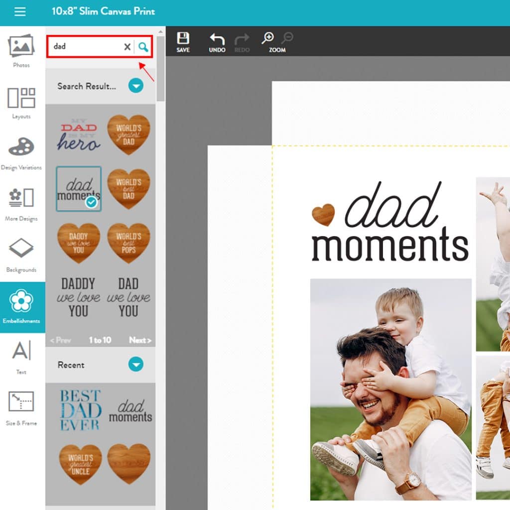 Easily find Father’s Day embellishments to customise the gift using search in Snapfish builder