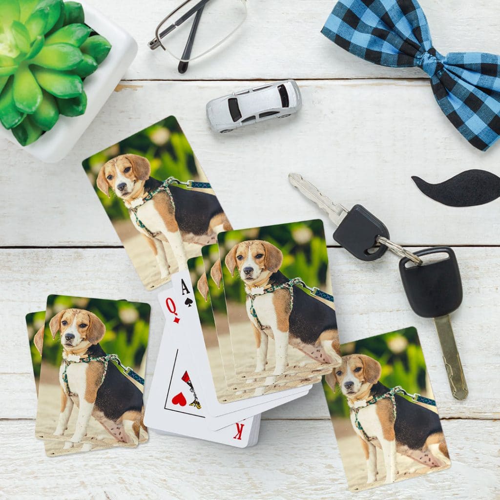 playing cards on table shown printed with pictures of dog