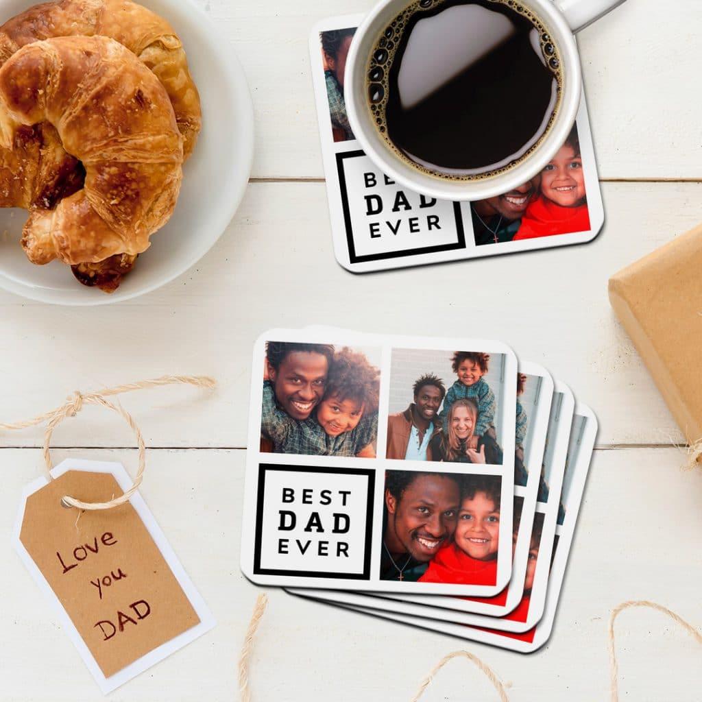 Best square photo coaster design with father and a family collage, on countertop with coffee and croissants