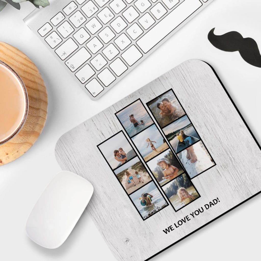 Photo mousemat with a film strip design layout showing pictures of father and his family next to laptop