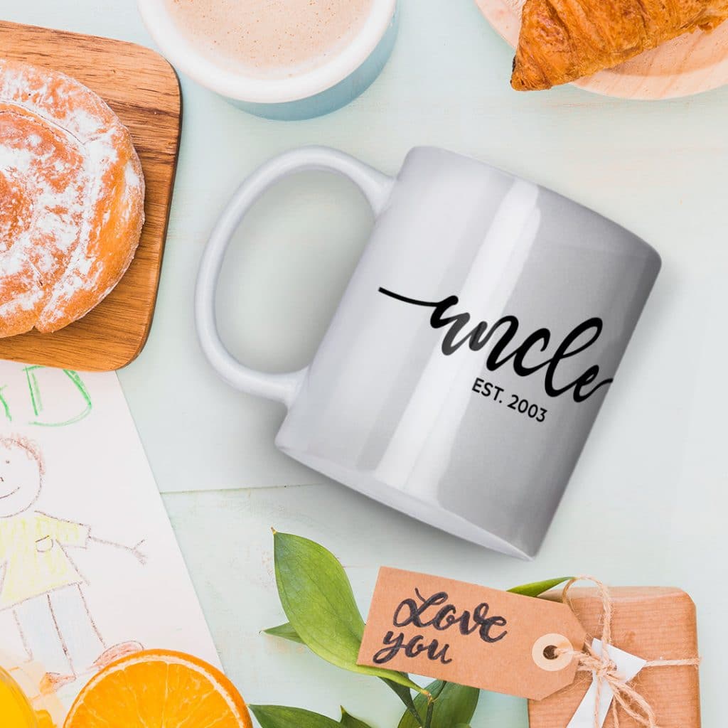 Customised mug with pen stroke writing spelling Uncle