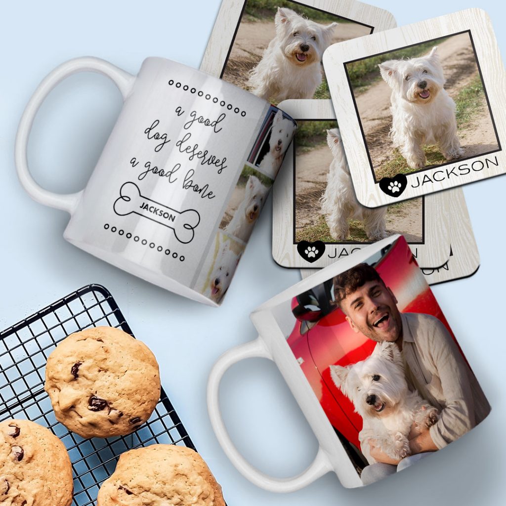two photo mugs on a table with customised coasters printed with dog pictures