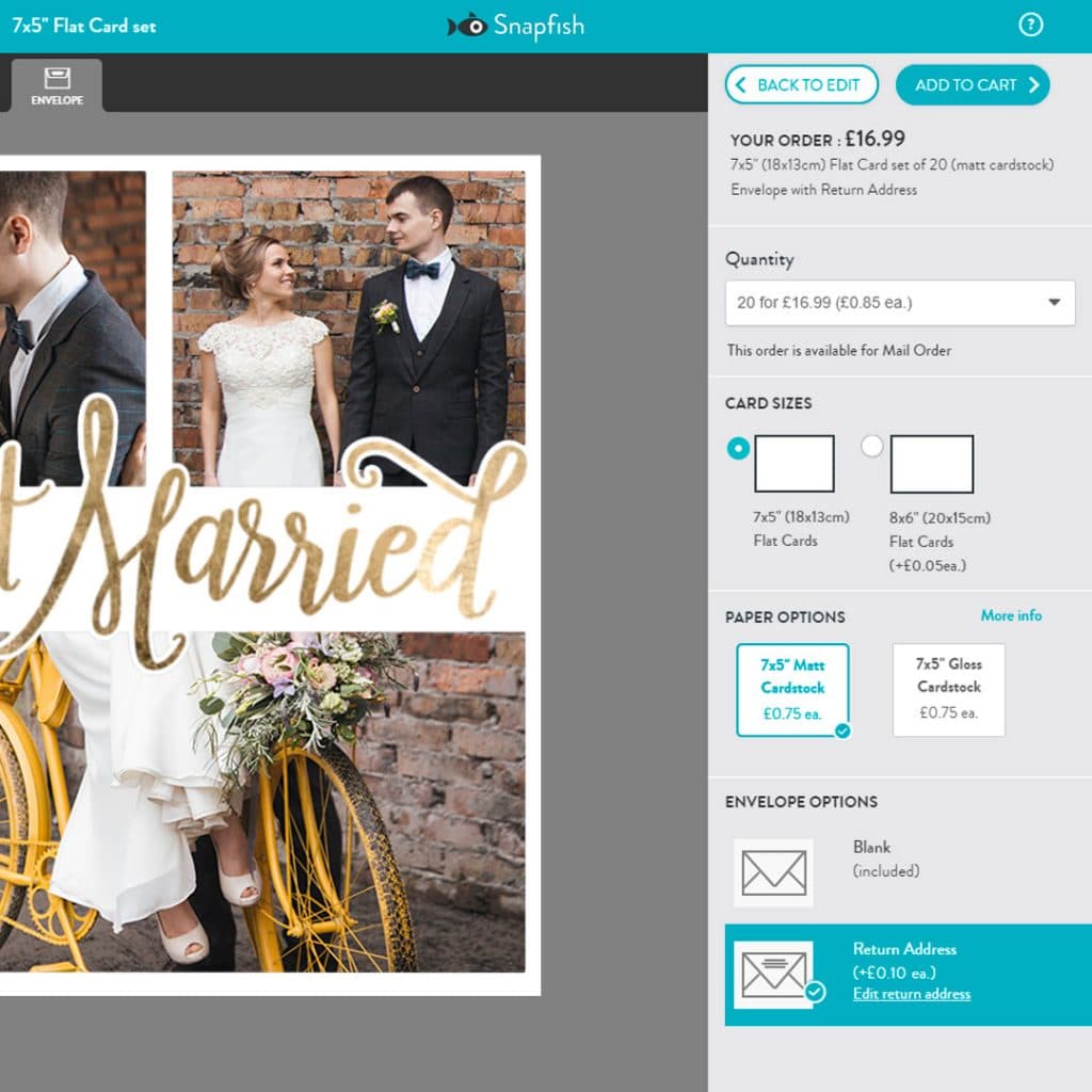 A just married card being created in the Snapfish online builder