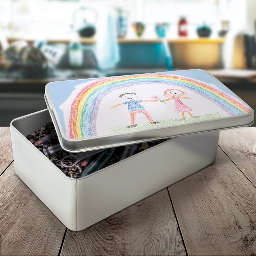 customised rectangular tin for Dad featuring child’s drawing, filled with tools
