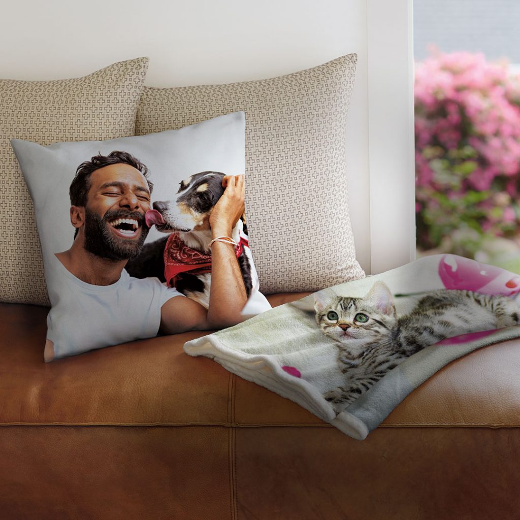 Photo of Dad and dog printed on cushion and folded blanket with cat