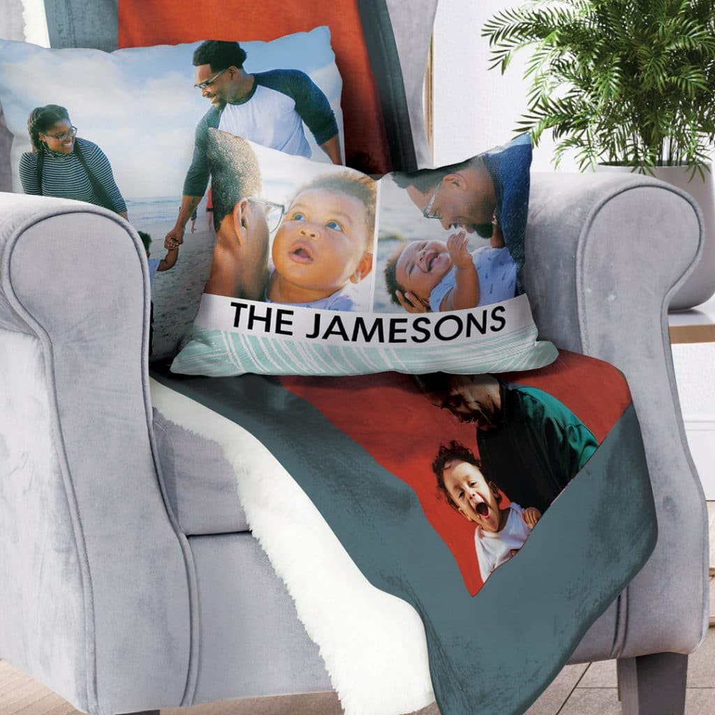 Father's Day gift of large rectangular cushion on chair with photo blanket