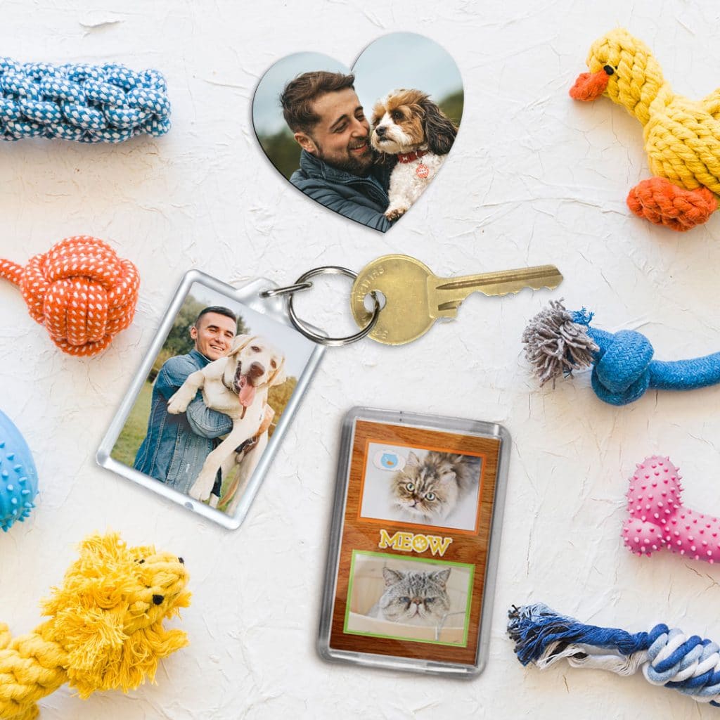 Photo keyring and acrylic magnet surrounded by pet toys