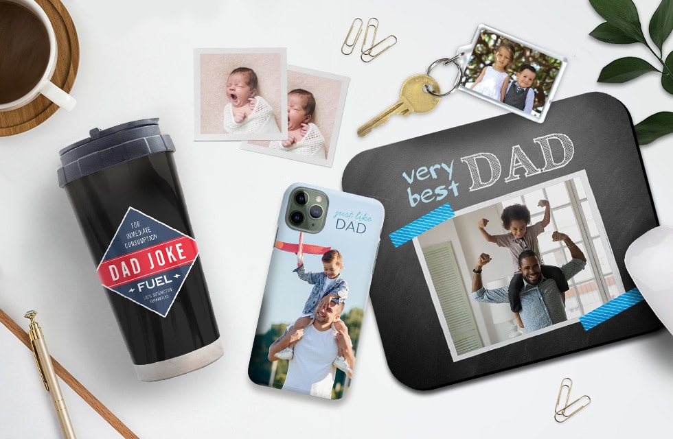 Create Gifts Dad'll Love: photo mousemat, personalised keyring, mini square photos and a photo ceramic coffee mug