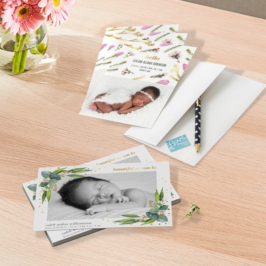 Two birth announcements featuring botanical and floral designs