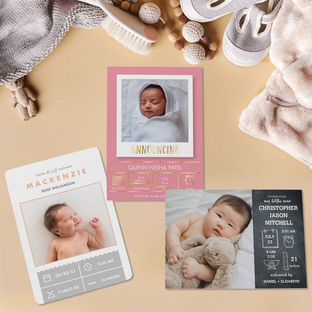 Three birth announcement cards featuring sweet baby photos and adorable icons
