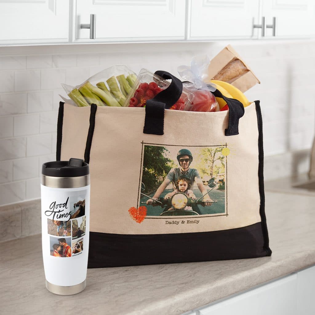 Good Times photo tumbler and Daddy & Emily canvas bag design with photo sitting on a kitchen countertop
