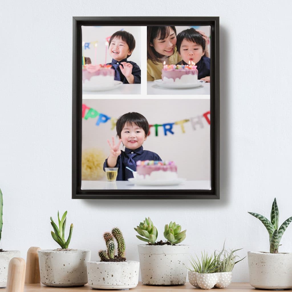 Image of a framed photo collage featuring photos from a child's birthday. The collage is hanging on a wall over a side table full of succulents and cacti.