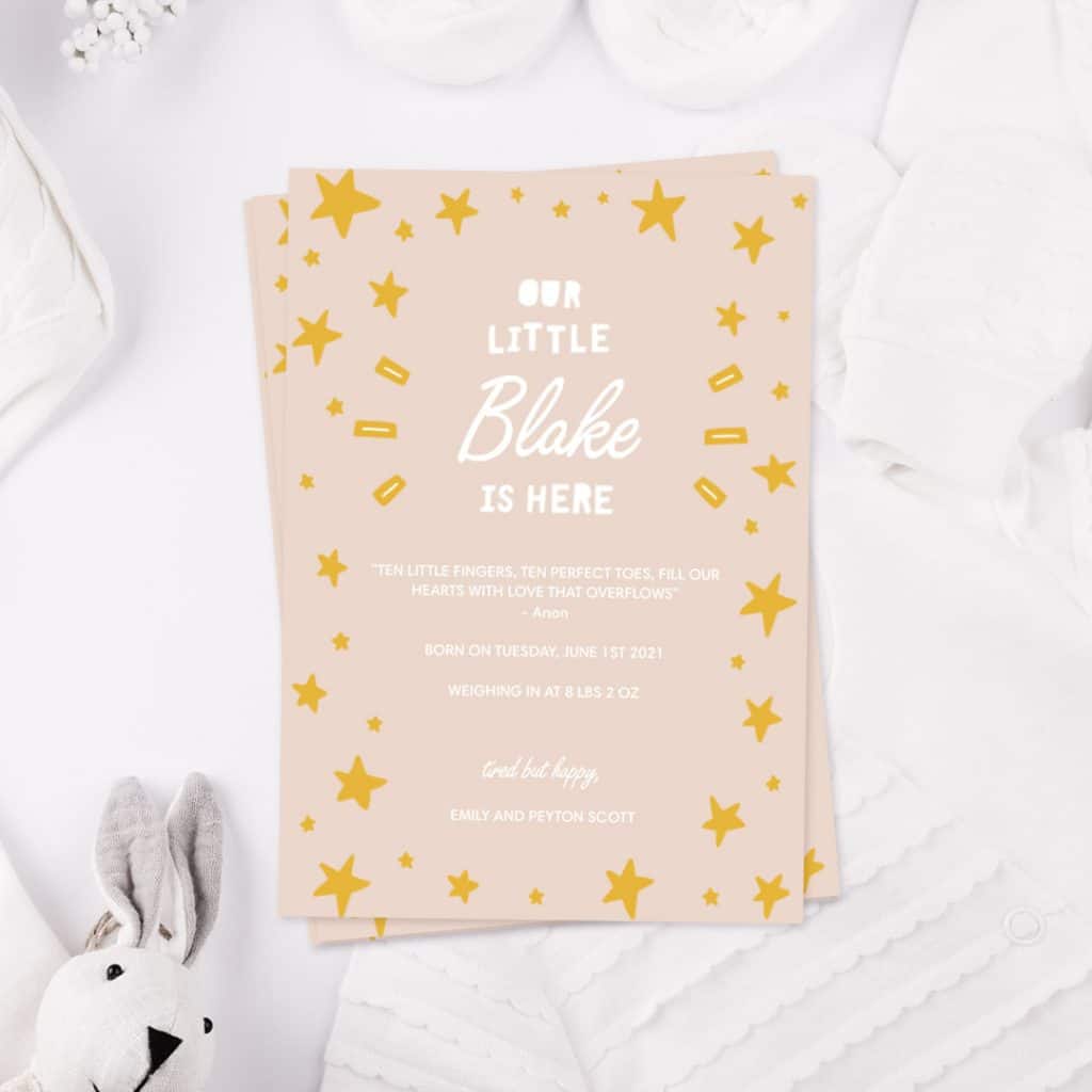 Big Bang Baby card design on a bright white background surrounded by baby items