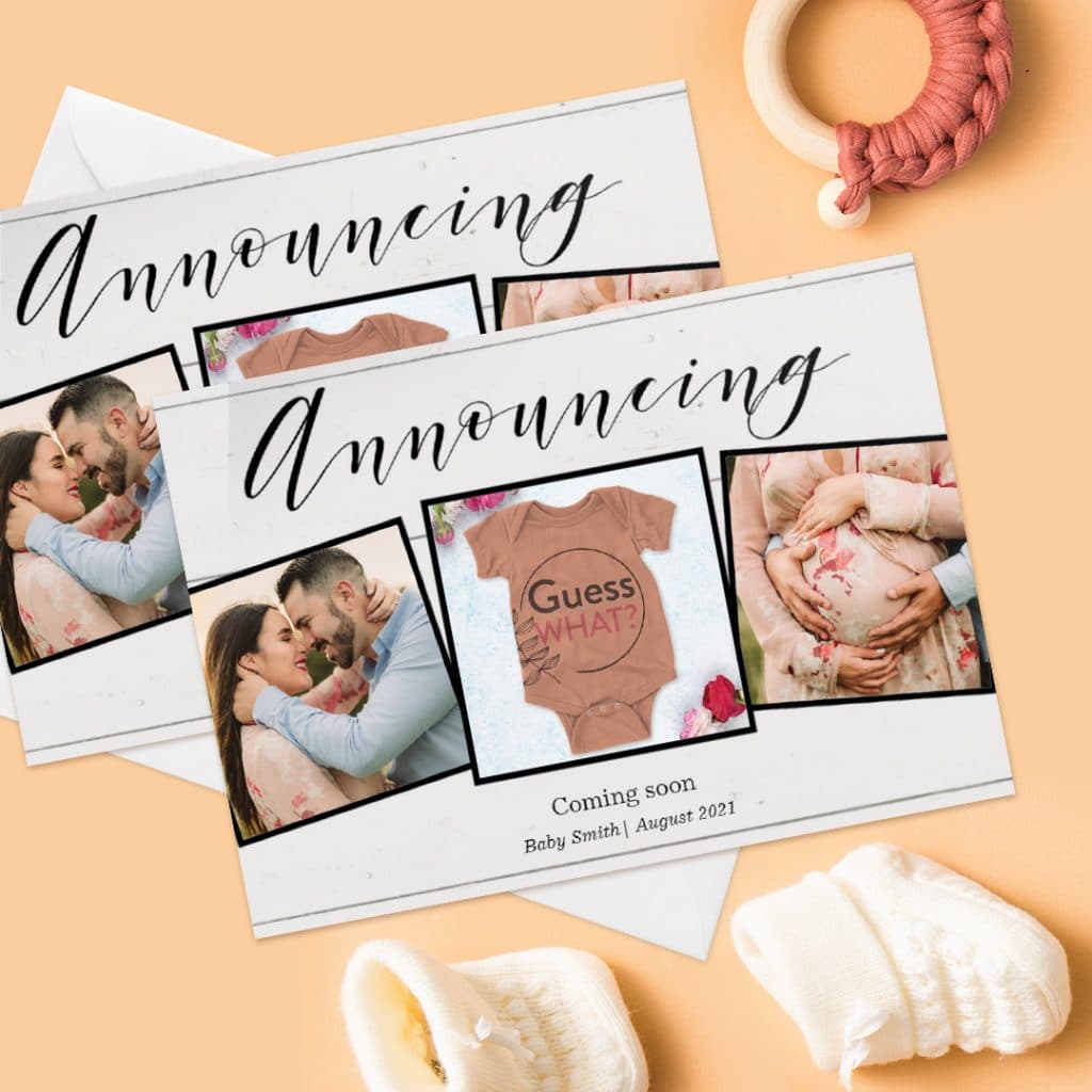 Announcing new baby card with pictures of the happy couple